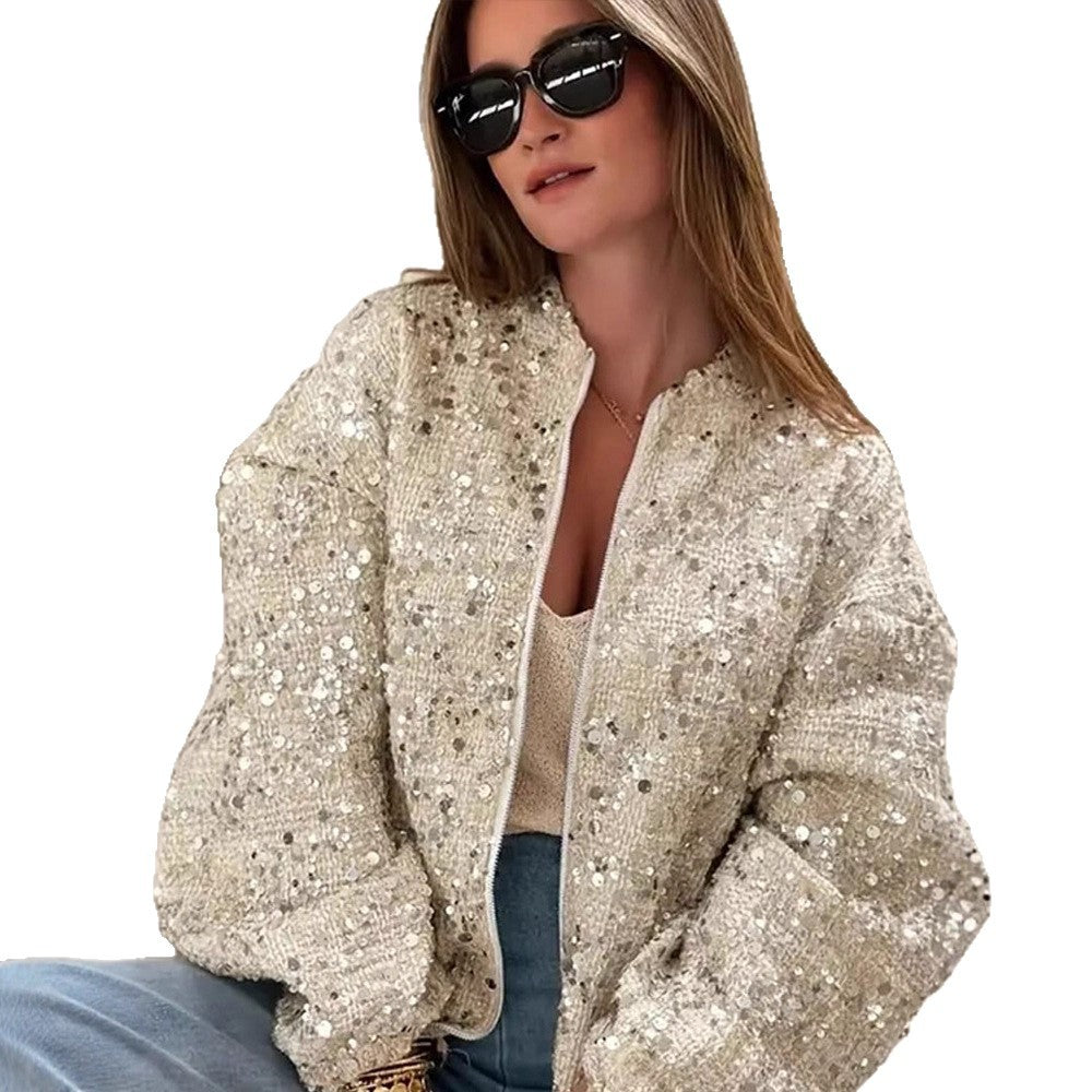Damen Pailletten-Bomberjacke mit Reißverschluss, lockerer Boxy-Silhouette und dekorativen Glitzerapplikationen Echoarchiv