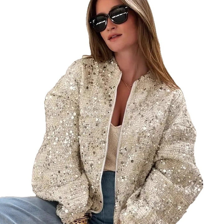 Damen Pailletten-Bomberjacke mit Reißverschluss, lockerer Boxy-Silhouette und dekorativen Glitzerapplikationen Echoarchiv