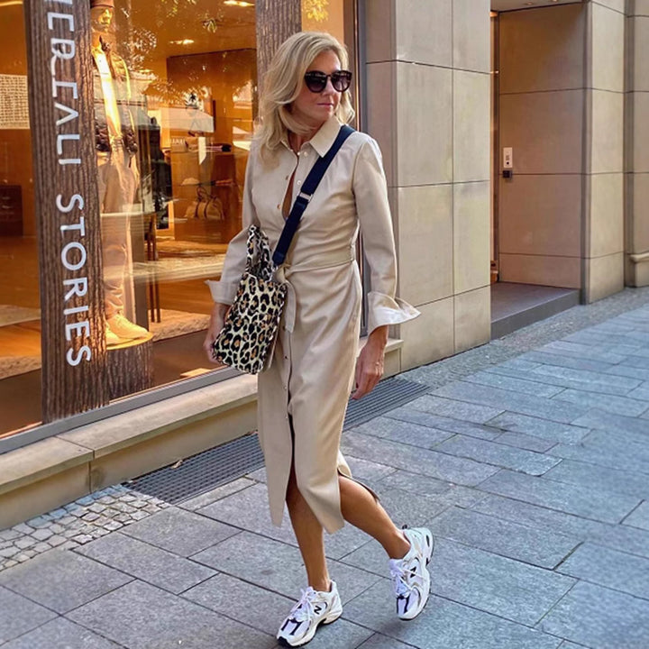 Damen nan figurnahe Hemdblusen-Midikleid mit Taillenbindegürtel, Volantmanschetten und dezenter Frontschlitz Echo Archiv