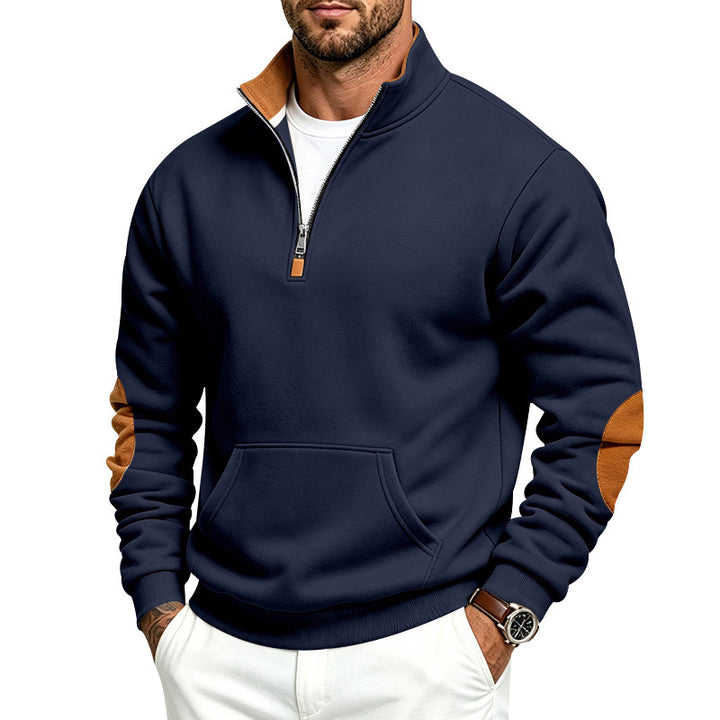 Herren Troyer-Pullover mit halbem Reißverschluss, Kängurutasche und Ellbogen-Patches Echoarchiv