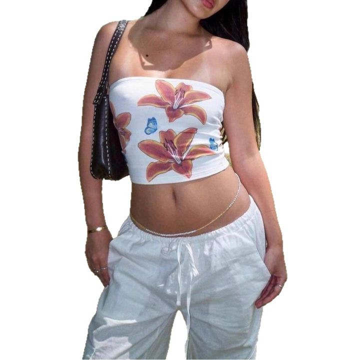 Damen Strapless Crop-Top mit buntem Blumenmuster Echo Archiv