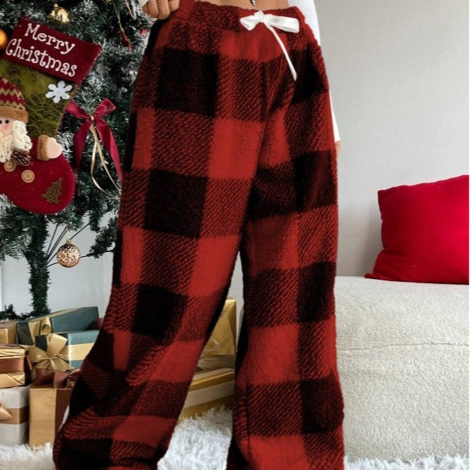 Damen nan kuschelige karierte Fleece-Hose mit Tunnelzugbund und weitem Bein Echo Archiv
