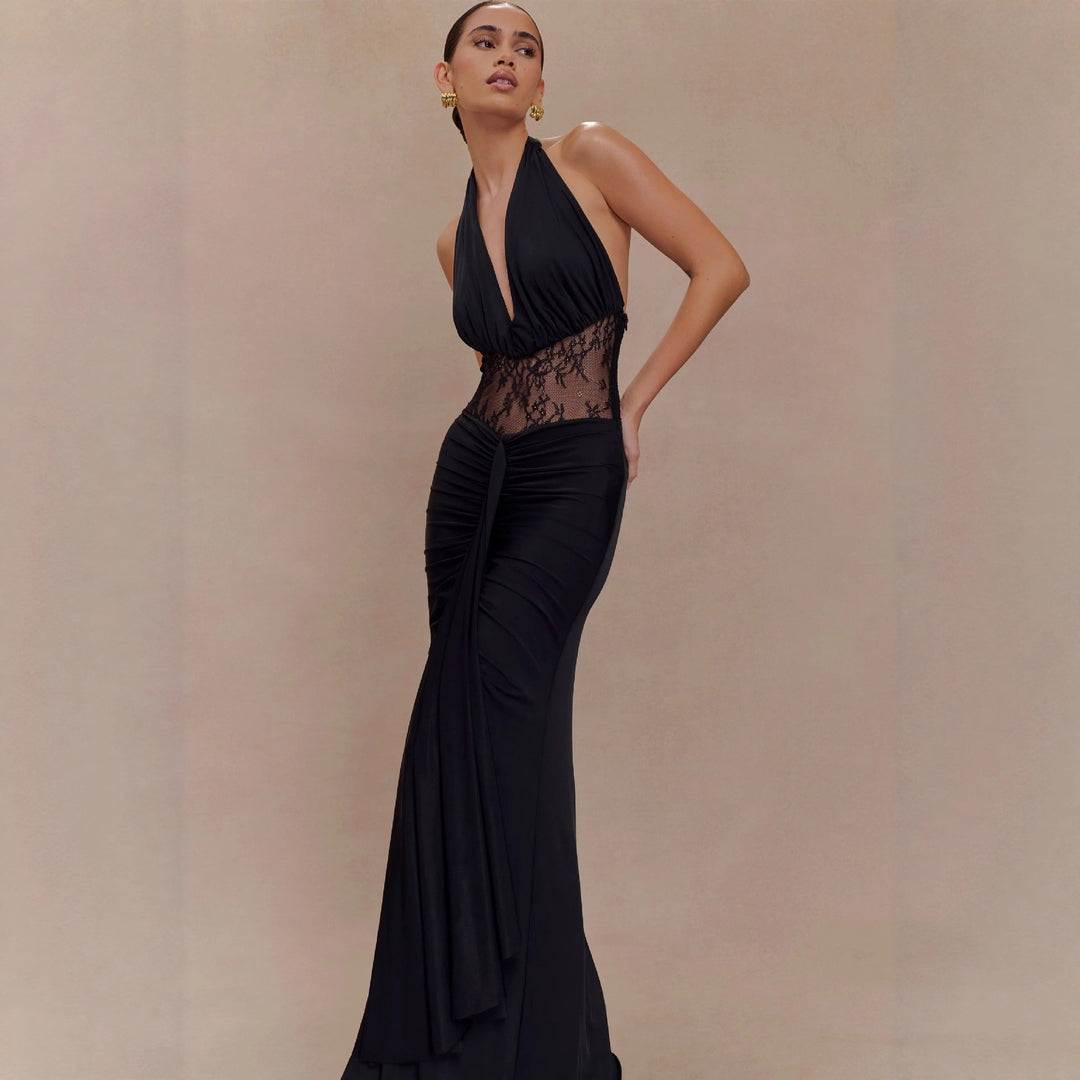 Damen Elegantes Maxikleid mit raffiniertem Spitzenbesatz und Drapierungen Echo Archiv