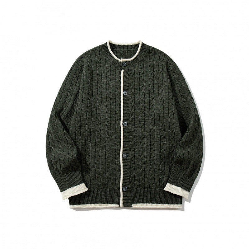 Unisex Feinstrick-Cardigan mit Zopfmuster, Rundhalsausschnitt und Kontrastblende Echo Archiv