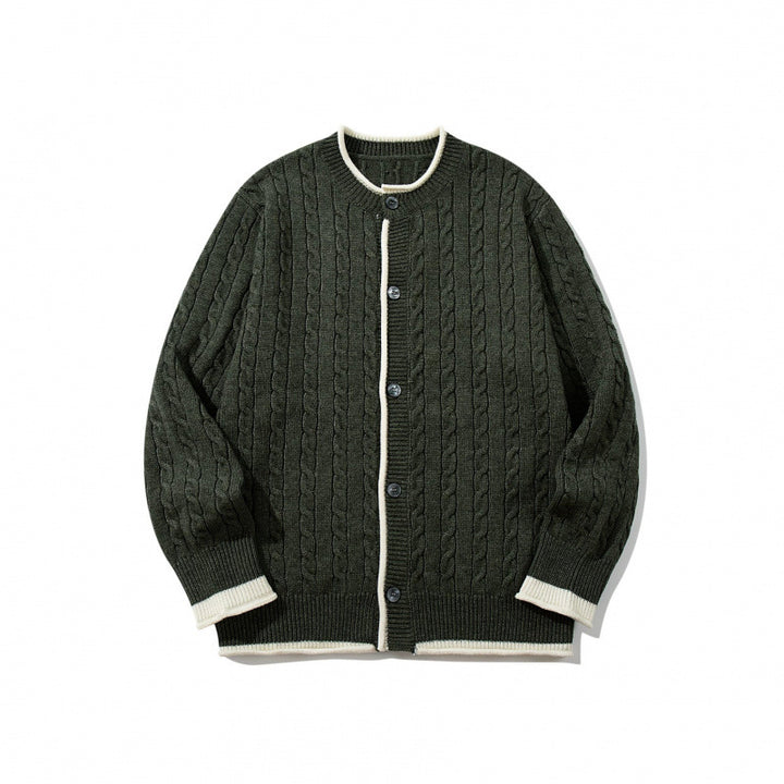 Unisex Feinstrick-Cardigan mit Zopfmuster, Rundhalsausschnitt und Kontrastblende Echo Archiv