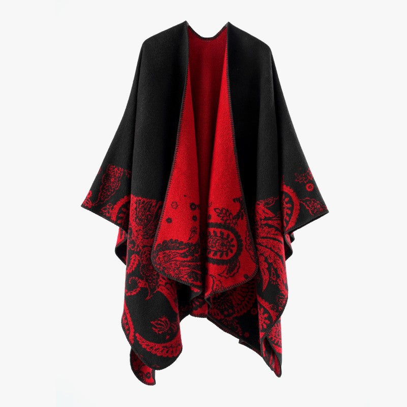 Damen Reversibler Jacquard-Capeponcho aus Wollmix mit Paisley-Motiv und offenem Fall – Montévia
