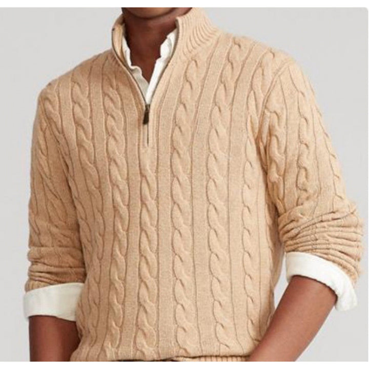 Herren Kabelstrickpullover mit Halbzip und Stehkragen aus weicher Kaschmirmischung – Norvane