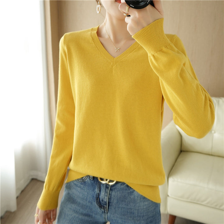 Damen Leichter V‑Ausschnitt Feinstrickpullover aus kaschmirweicher Baumwollmischung mit elastischen Rippbündchen Echoarchiv