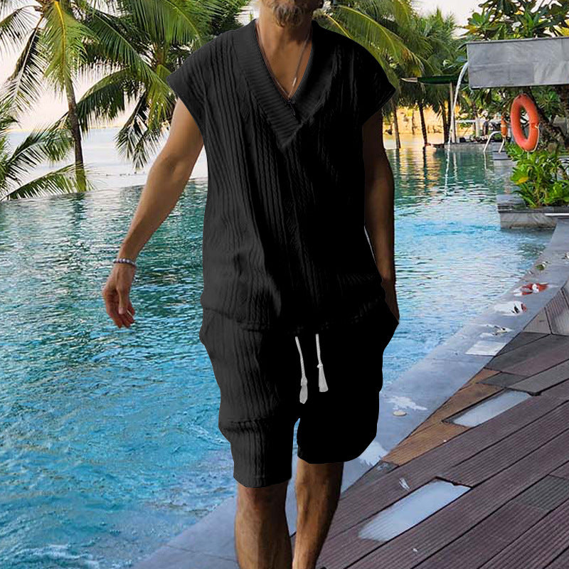 Herren lässiges Urlauboutfit mit stylish V-Ausschnitt und elastischem Bund Echoarchiv