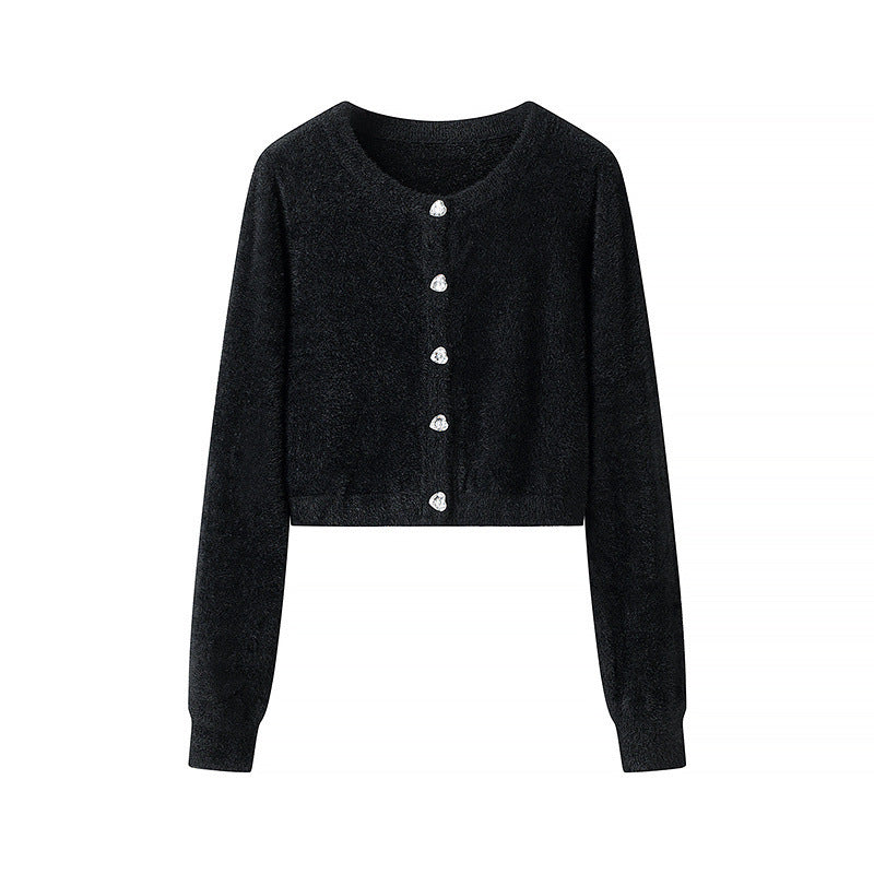 Damen Flauschige Cropped-Strickjacke mit Rundhals und Zierknopfleiste Echo Archiv