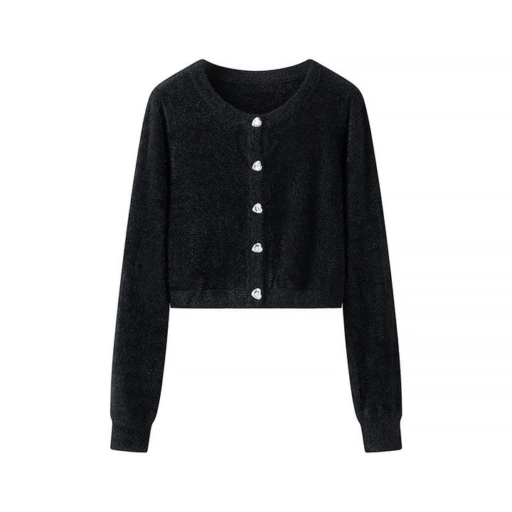 Damen Flauschige Cropped-Strickjacke mit Rundhals und Zierknopfleiste Echo Archiv