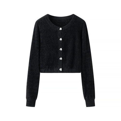 Damen Flauschige Cropped-Strickjacke mit Rundhals und Zierknopfleiste Echo Archiv