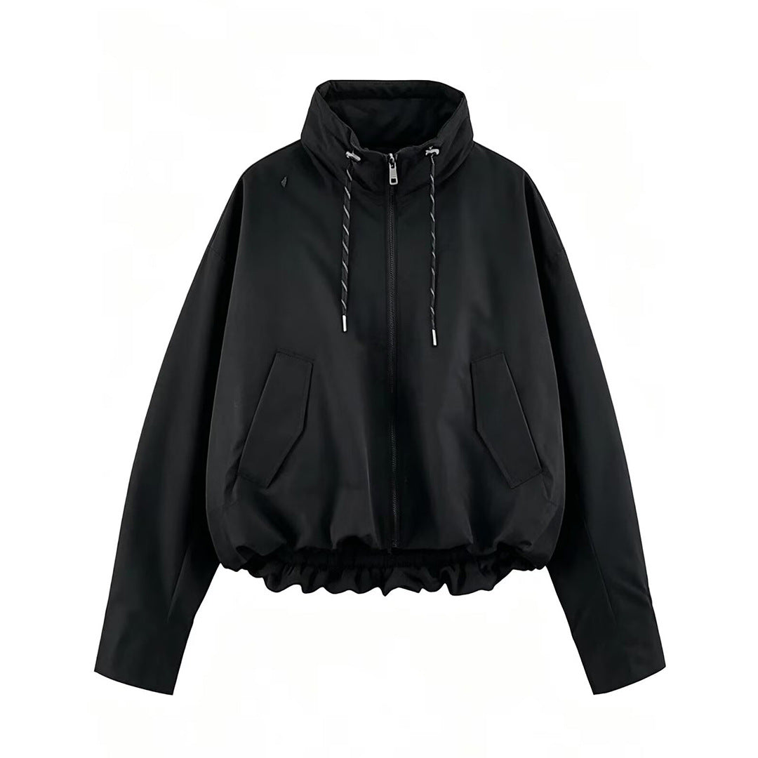 Damen Cropped Oversize Windbreaker mit hohem Funnelkragen, Kordelzug und gerafftem Elastikbund Echoarchiv