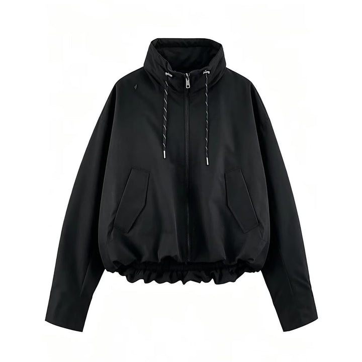 Damen Cropped Oversize Windbreaker mit hohem Funnelkragen, Kordelzug und gerafftem Elastikbund Echoarchiv