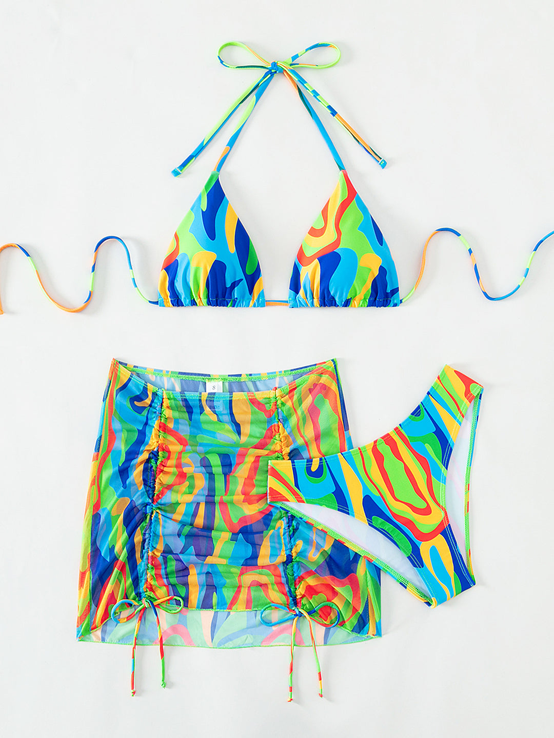 Damen Buntes Triangel-Bikini-Set mit transparentem Rock Echo Archiv