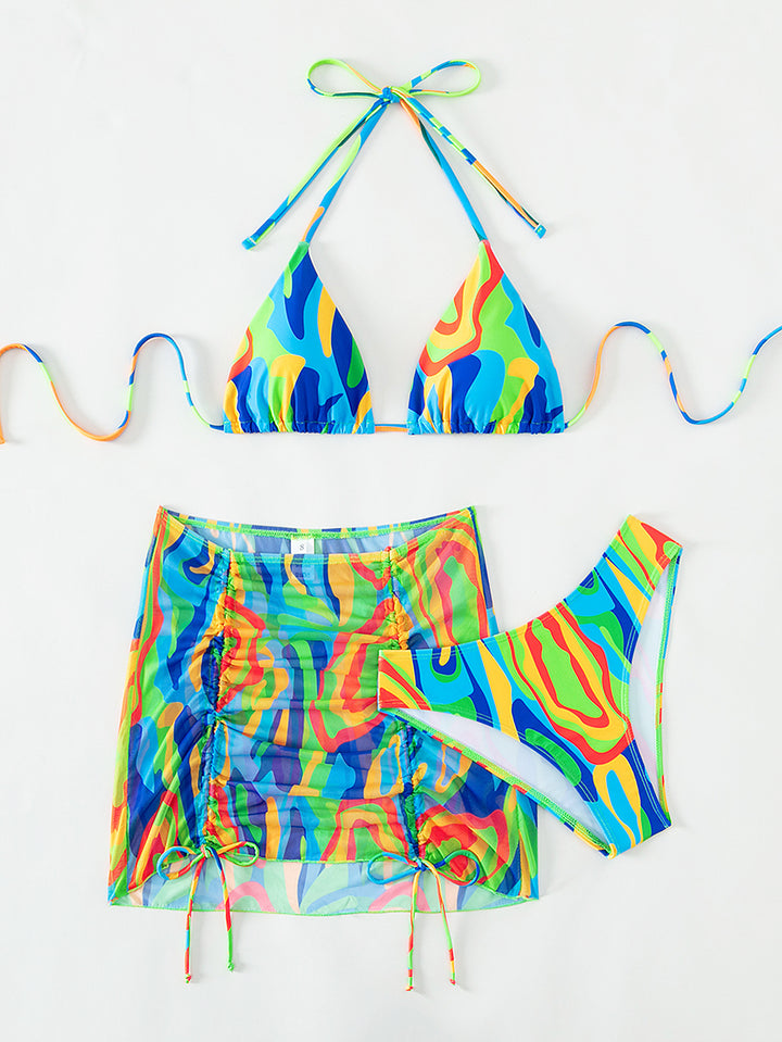 Damen Buntes Triangel-Bikini-Set mit transparentem Rock Echo Archiv