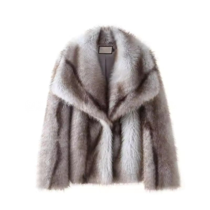 Damen Kurze Plüsch-Kunstpelzjacke mit weitem Schalkragen und geradem Schnitt Echo Archiv