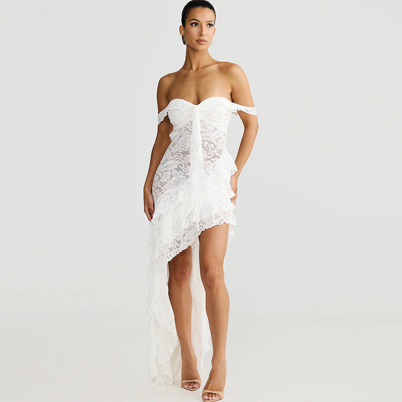 Damen asymmetrisches Spitzenkleid mit Rüschendetails Echo Archiv