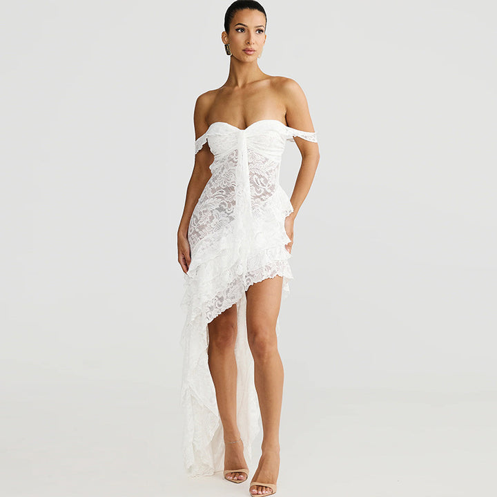 Damen asymmetrisches Spitzenkleid mit Rüschendetails Echo Archiv