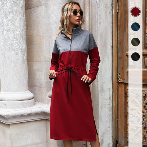 Damen Sportliches Midikleid mit Stehkragen, Reißverschluss & Taillenzug – Élara