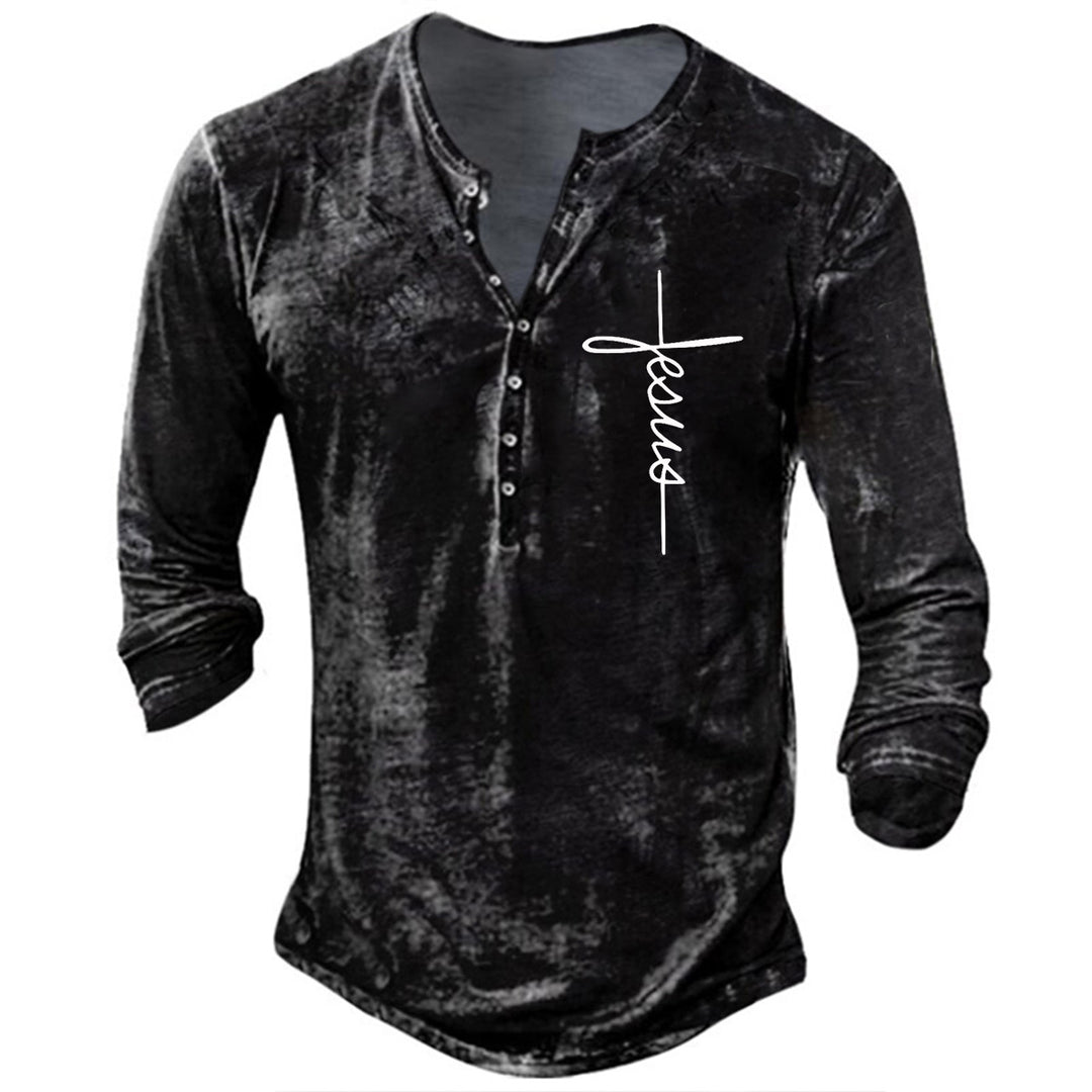 Herren Langarm Henley-Shirt mit kreativem Grafikdruck Echoarchiv