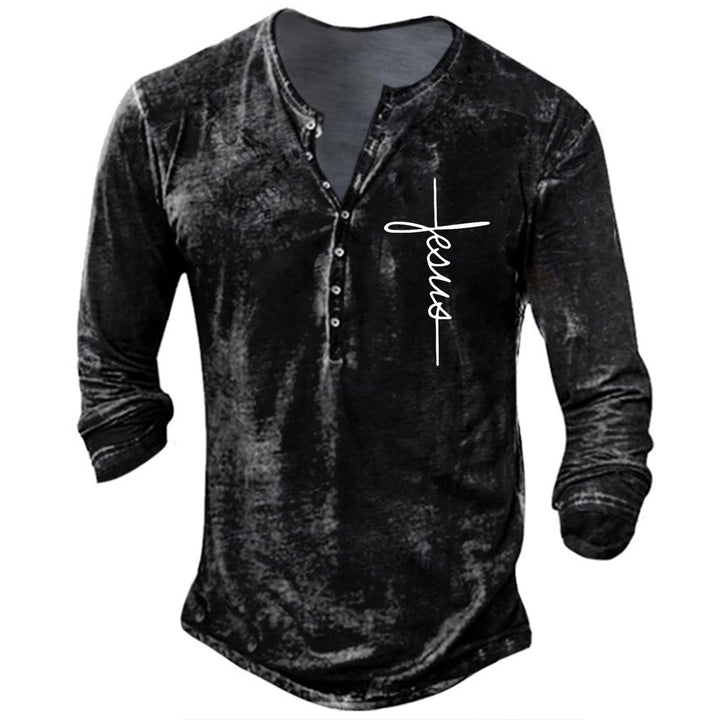 Herren Langarm Henley-Shirt mit kreativem Grafikdruck Echoarchiv
