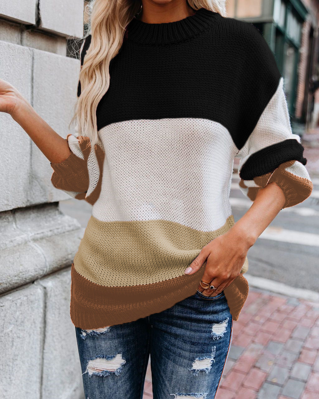 Damen Grobstrick Farbblockpullover mit hohem Rippenkragen und Oversize‑Passform Echoarchiv