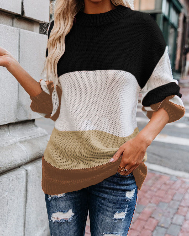 Damen Grobstrick Farbblockpullover mit hohem Rippenkragen und Oversize‑Passform Echoarchiv