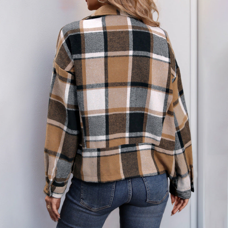 Damen Oversize-Karo-Shacket mit Reverskragen, Reißverschluss & aufgesetzten Taschen Echoarchiv
