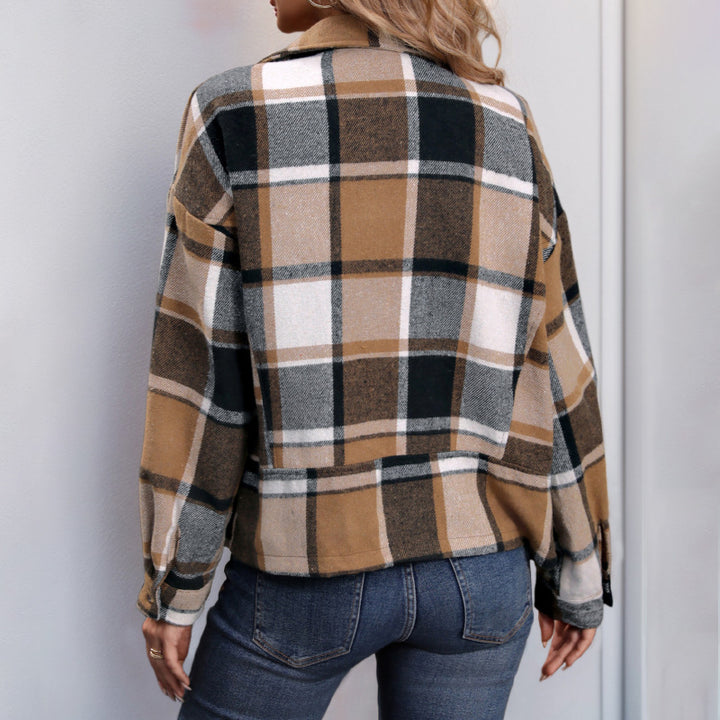 Damen Oversize-Karo-Shacket mit Reverskragen, Reißverschluss & aufgesetzten Taschen Echoarchiv