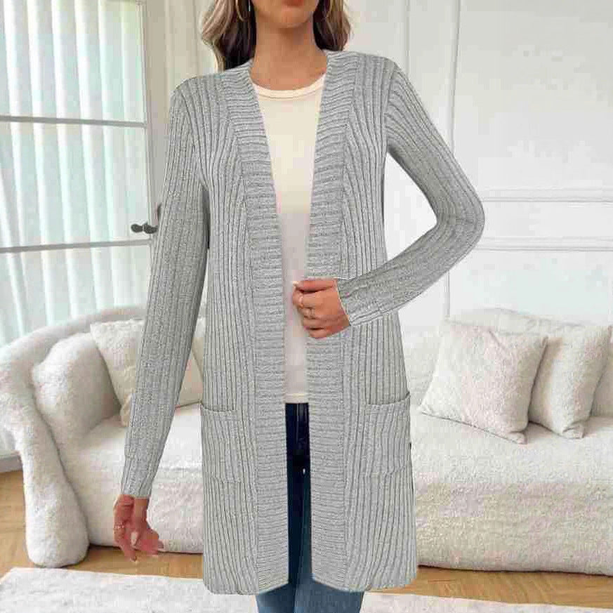 Damen Longline Rippstrick Cardigan mit Taschen Echoarchiv