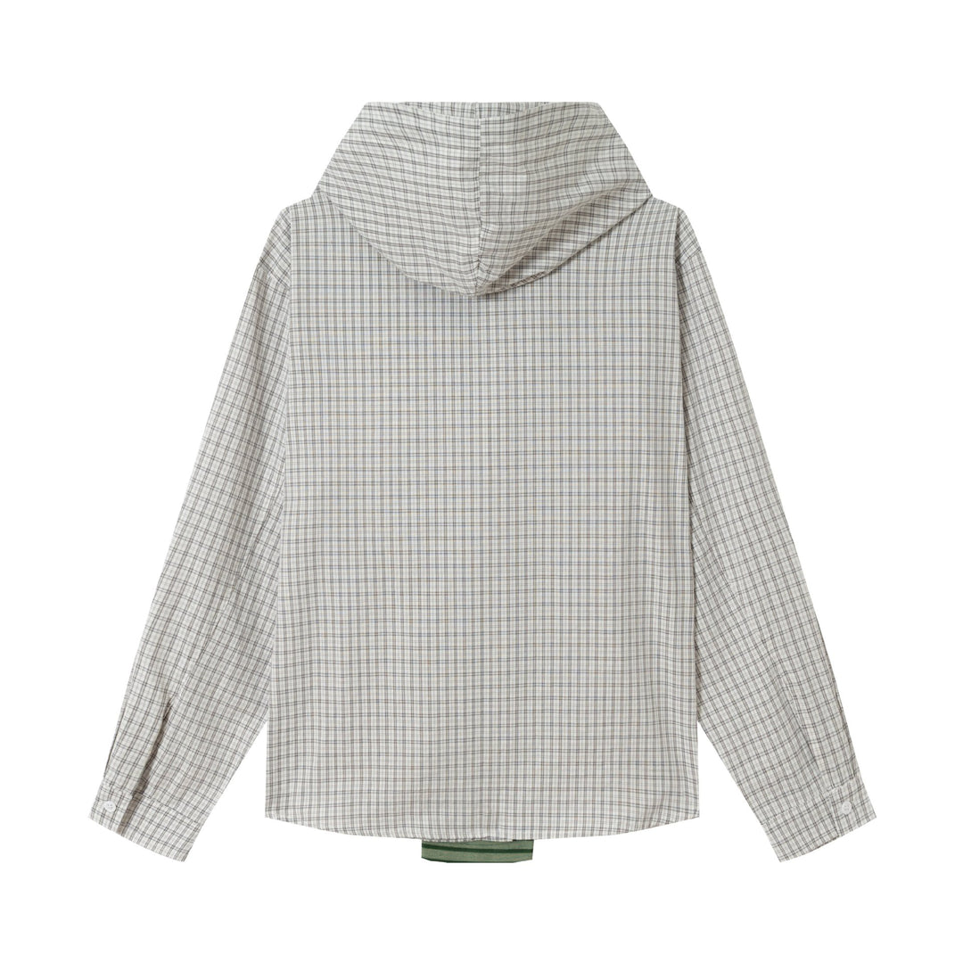 Damen Oversize Hemdjacke mit Kapuze, angenähtem Strickschal und Brustpatch Echoarchiv
