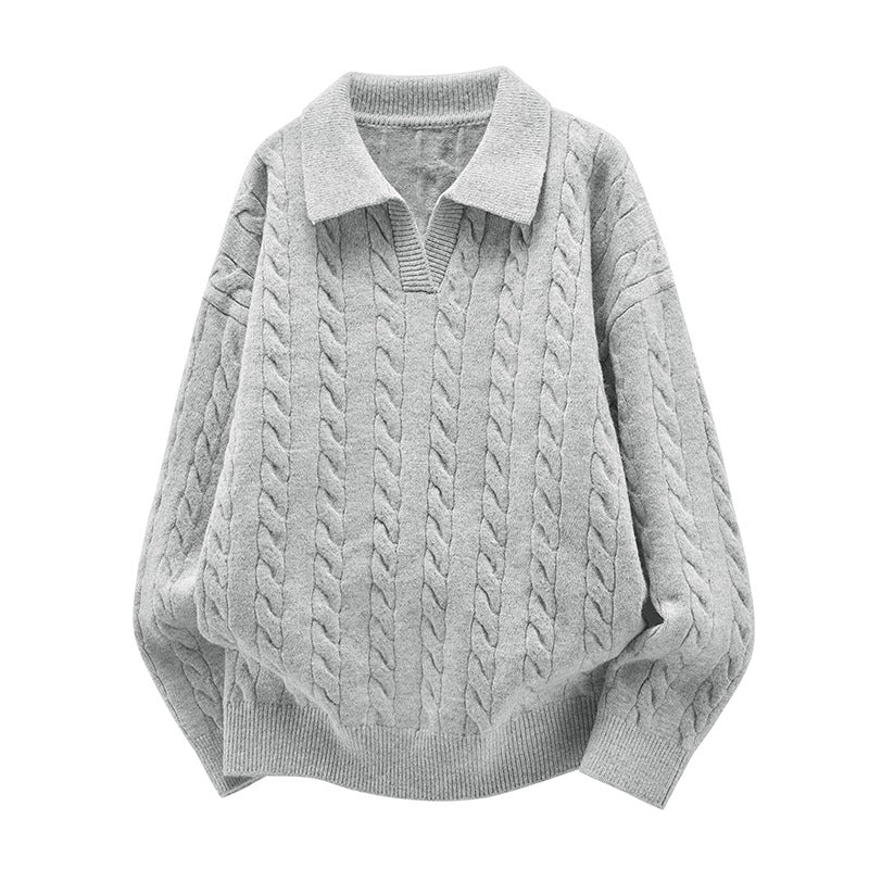 Damen Oversize Kabelstrick-Polo-Pullover mit V‑Ausschnitt und geripptem Saum Echoarchiv
