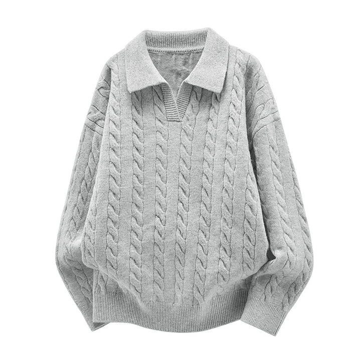 Damen Oversize Kabelstrick-Polo-Pullover mit V‑Ausschnitt und geripptem Saum Echoarchiv
