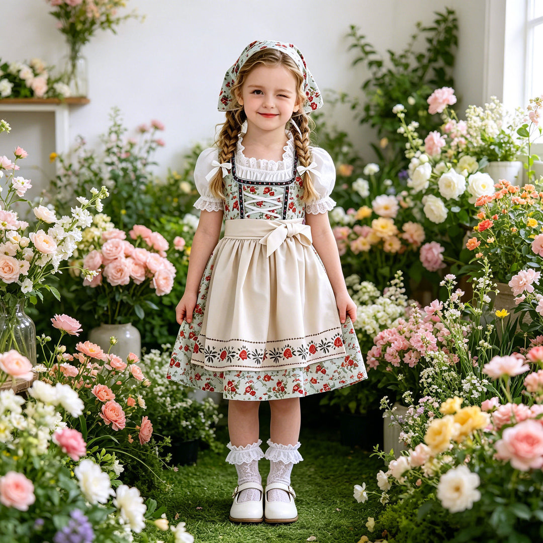 Damen nan Kinderdirndl Trachtenkleid mit Spitzenbluse Schürze und Kopftuch Echo Archiv