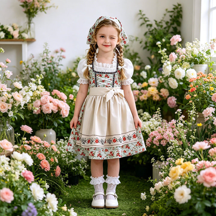 Damen nan Kinderdirndl Trachtenkleid mit Spitzenbluse Schürze und Kopftuch Echo Archiv