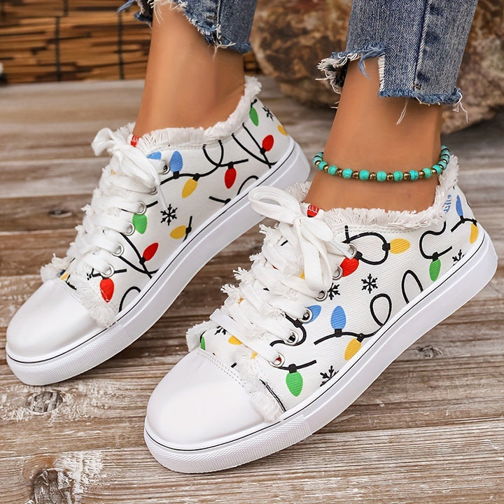 Damen Leinensneaker mit buntem Lichterketten-Print und fransigem Schaft Echo Archiv