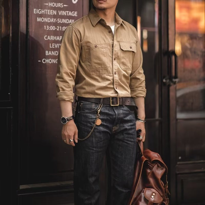 Herren Baumwoll‑Twill‑Worker‑Hemd mit Pattentaschen und kastiger Passform Echoarchiv
