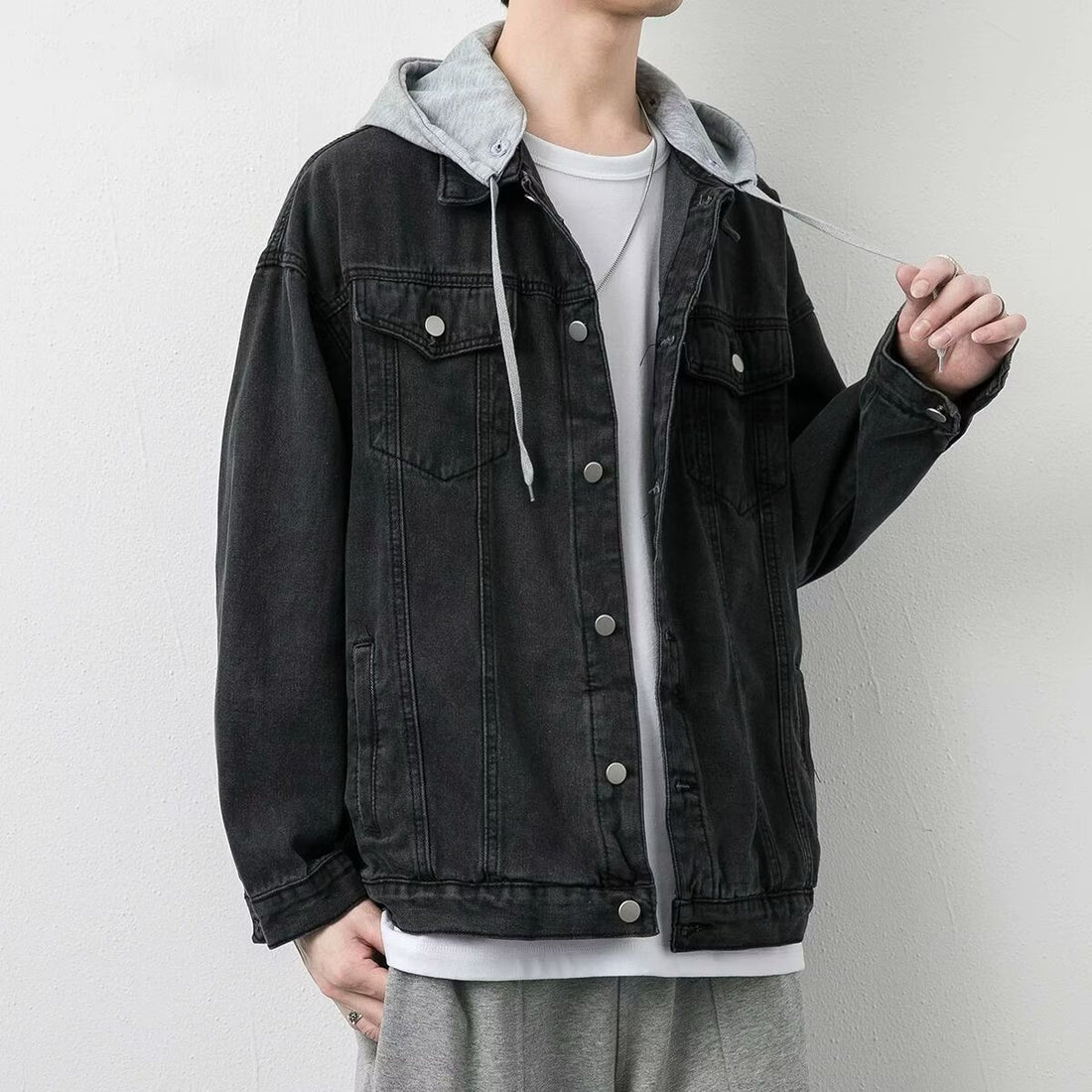 Herren Lässige Denimjacke mit integriertem Hoodie Echoarchiv