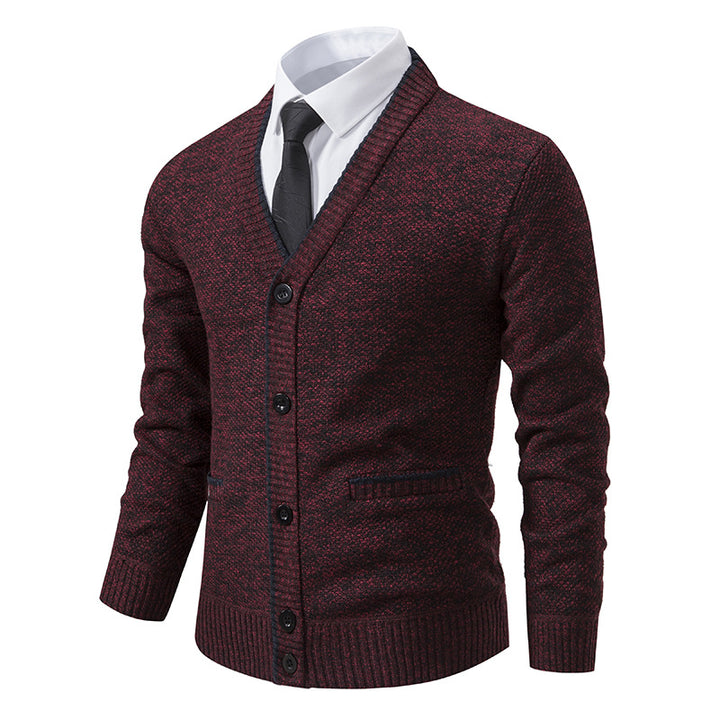 Herren nan melierter Strukturstrick-Cardigan mit V-Ausschnitt, Kontrastkanten und aufgesetzten Taschen Echo Archiv