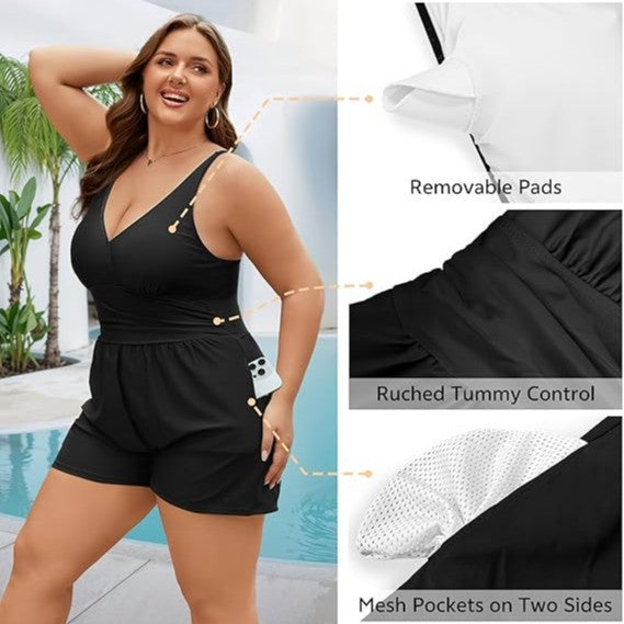 Damen Playsuit mit tiefem V-Ausschnitt und seitlichen Taschen Echo Archiv