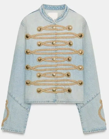 Damen Cropped-Jeansjacke im Military‑Stil mit dekorativer Kordelapplikation Echo Archiv