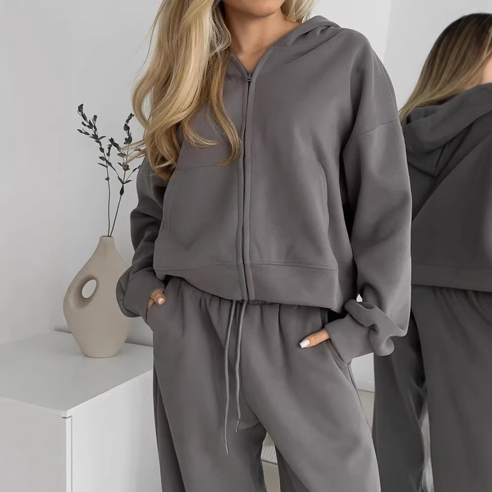 Damen lässiges Kapuzen-Sweatshirt mit Reißverschluss und weiten High-Waist Jogginghose – Auréline