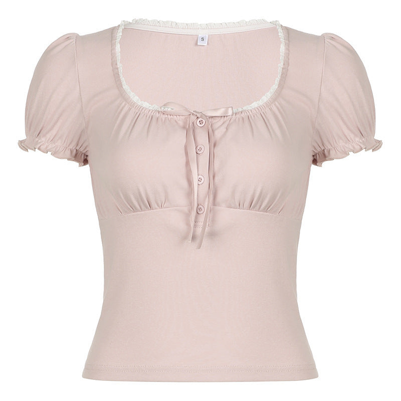 Damen Kurzarmshirt mit dekorativen Rüschendetails und Knopfleiste Echo Archiv