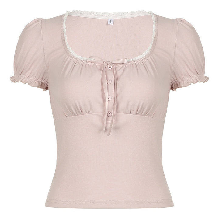 Damen Kurzarmshirt mit dekorativen Rüschendetails und Knopfleiste Echo Archiv