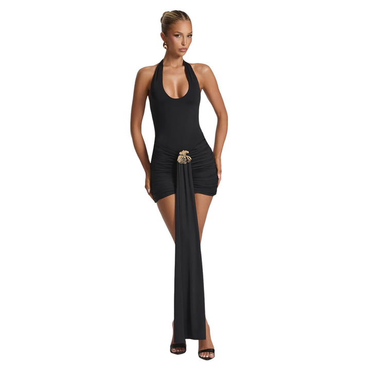 Damen Elegantes Mini-Kleid mit tiefem V-Ausschnitt und seitlichem Schal Echo Archiv