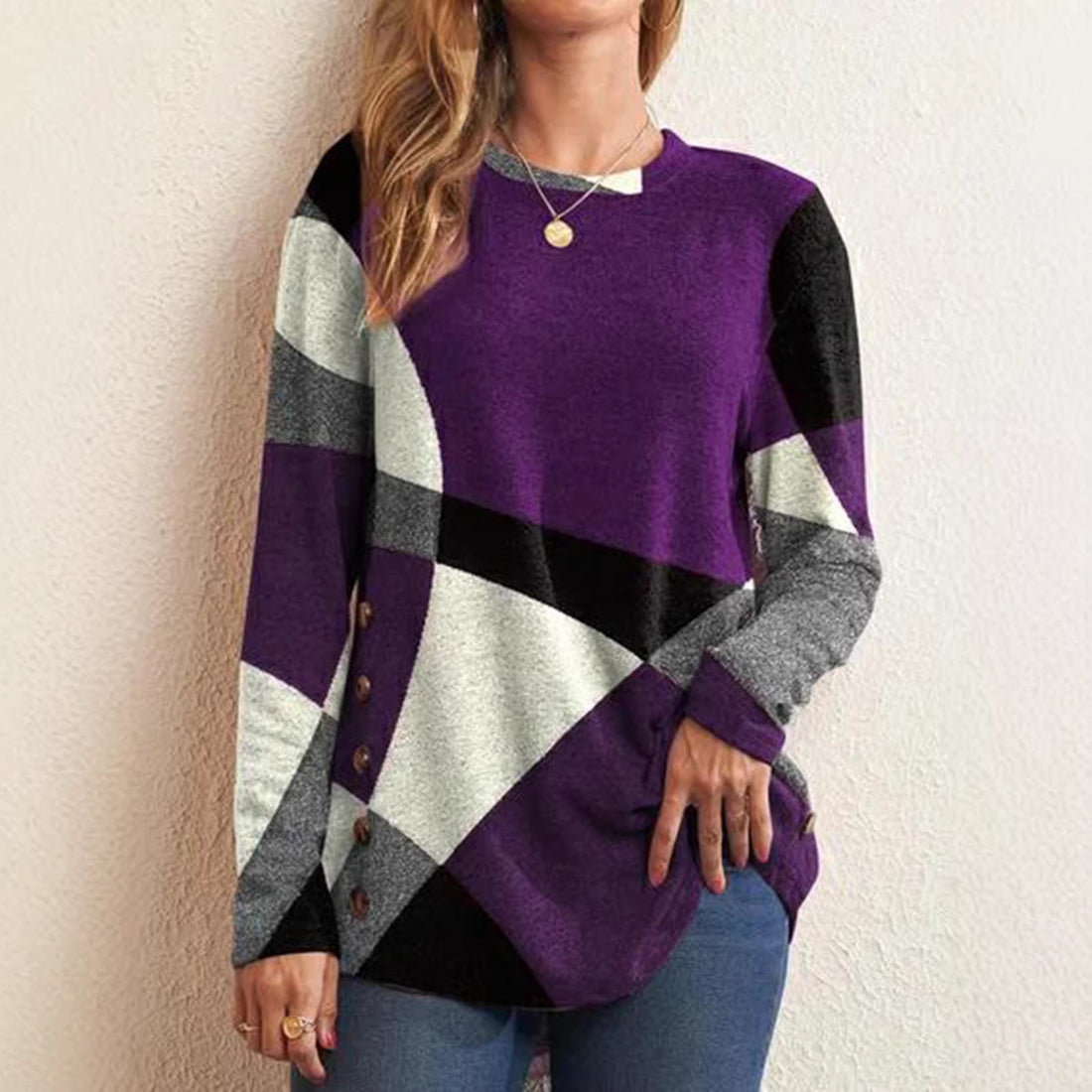 Damen Oversize Langarm Tunika mit geometrischem Farbschema – Avérine