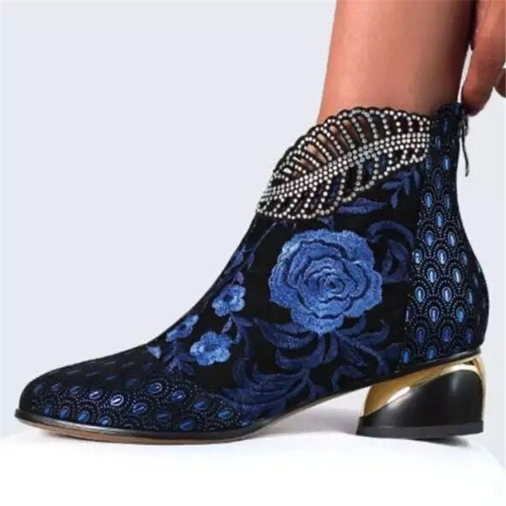 Damen nan bestickte Ankle-Boots mit Samteinsatz Perlenbesatz und skulptiertem Blockabsatz Echo Archiv