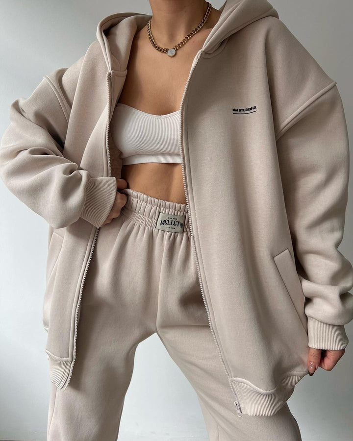 Damen Oversize Kapuzen-Sweatjacke mit Reißverschluss und High-Waist Jogginghose Set Echoarchiv