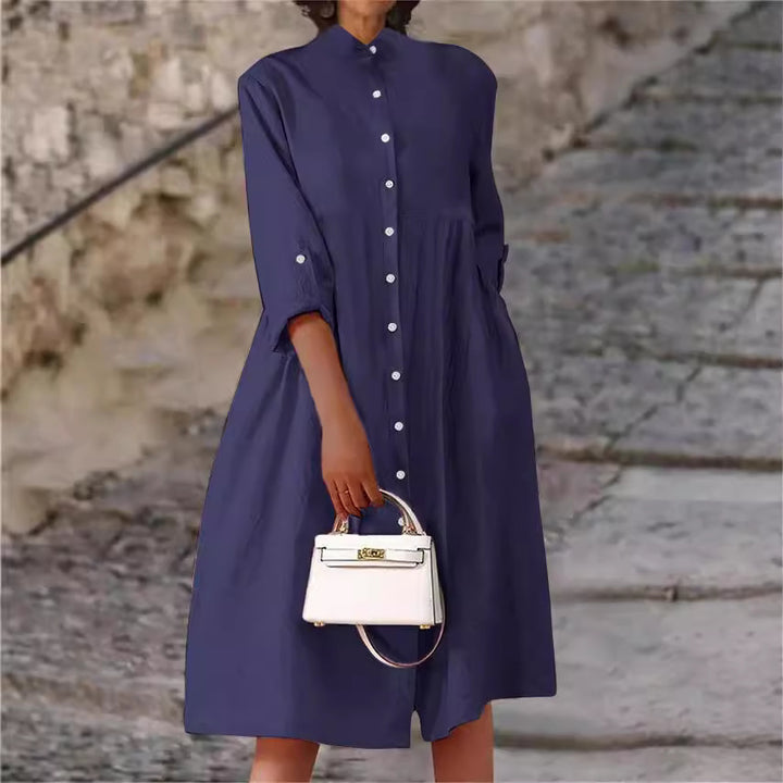 Damen Oversize Midi Kleid im Leinen-Look mit Stehkragen, Knopfleiste und Seiten Taschen – Élara